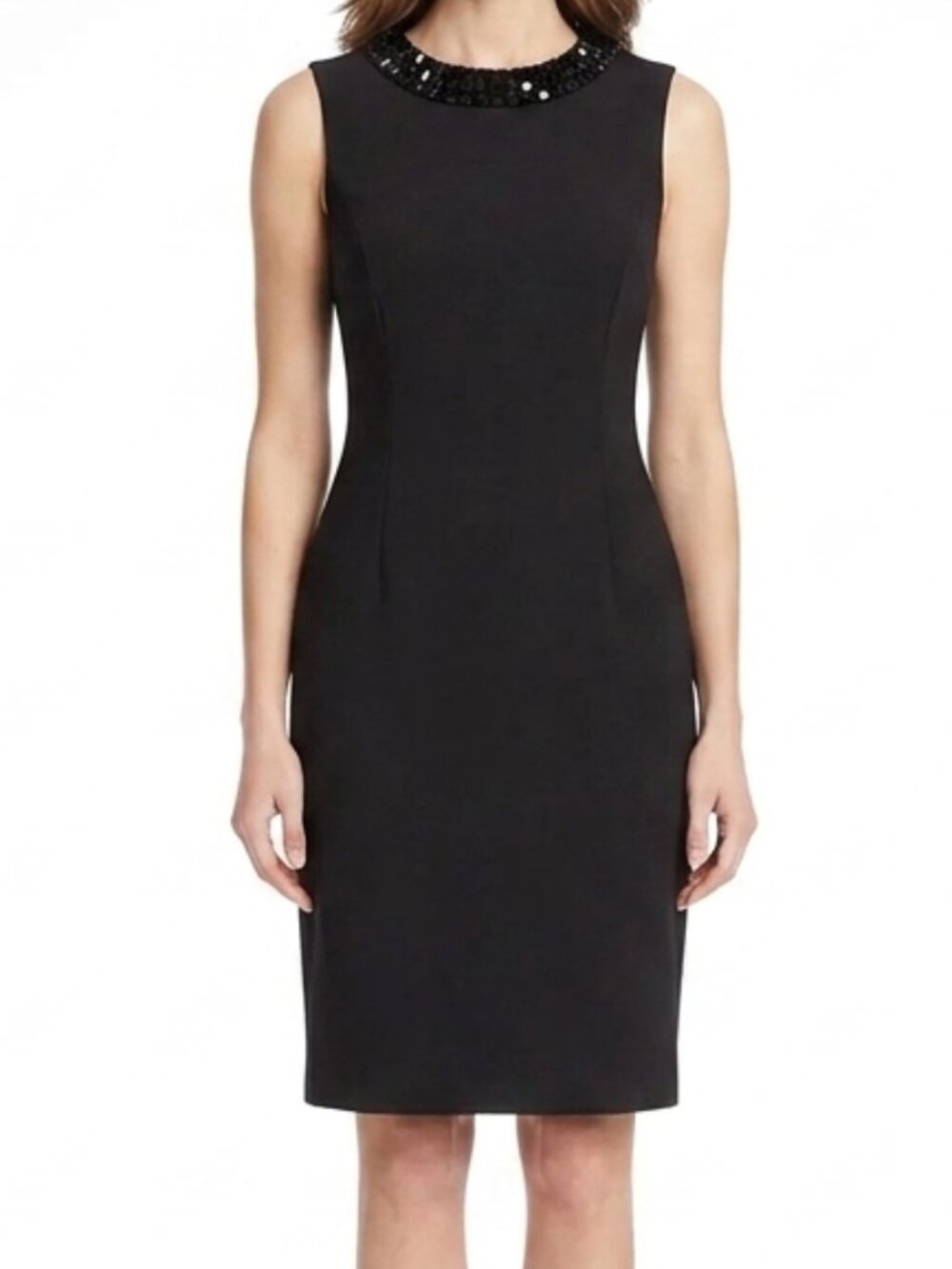 Calvin Klein Bejeweled Neckline Ponte Knit Sleeveless Sheath Dress- Sz. 6